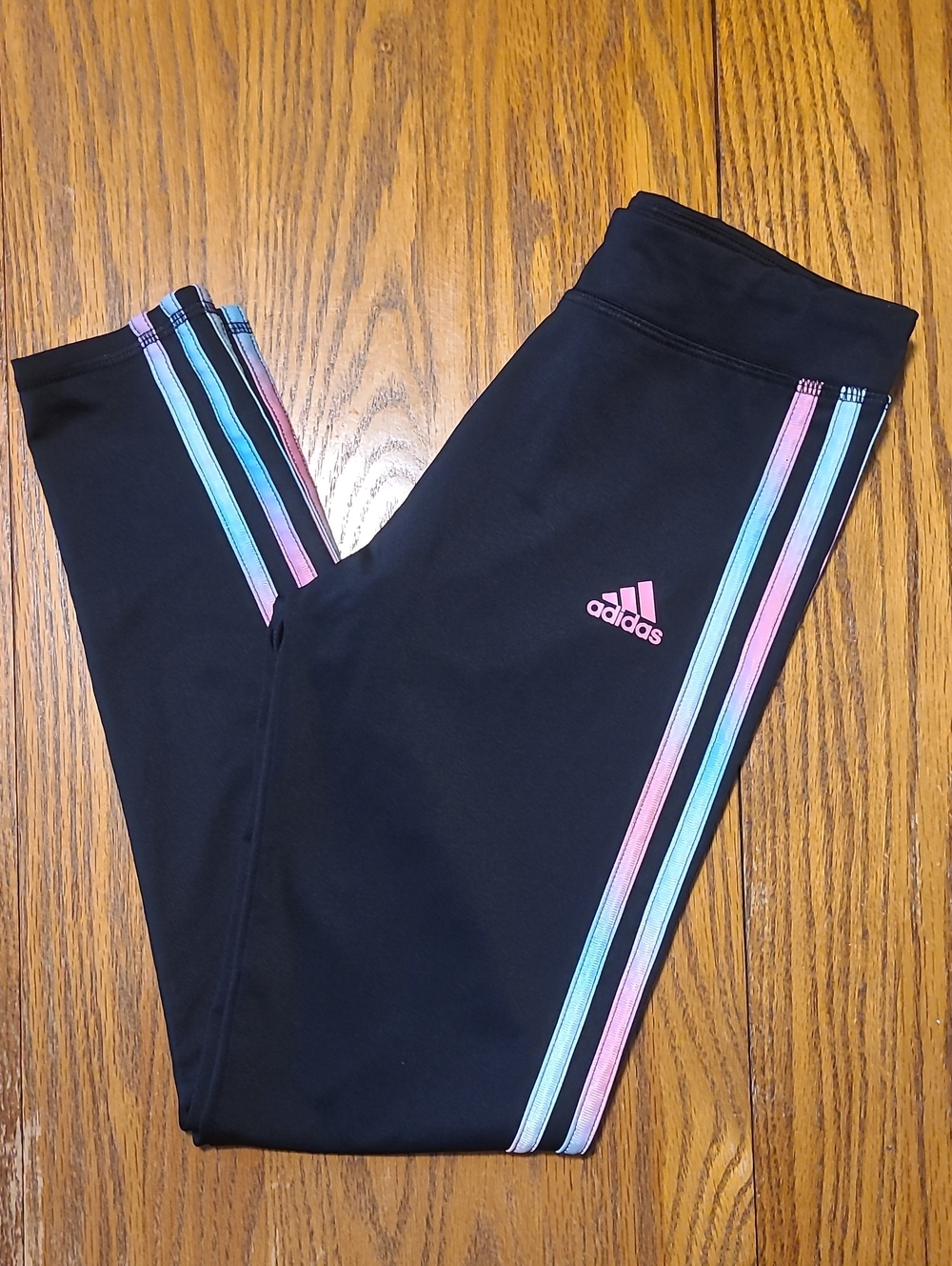 adidas Black Leggings with Pink and Aqua Stripes - Girl's Medium